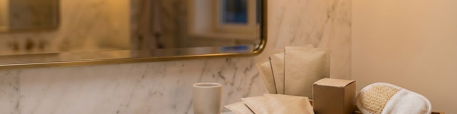 Bandeja de amenities de bambú con sobres de papel y esponja de lufa en el baño de una suite