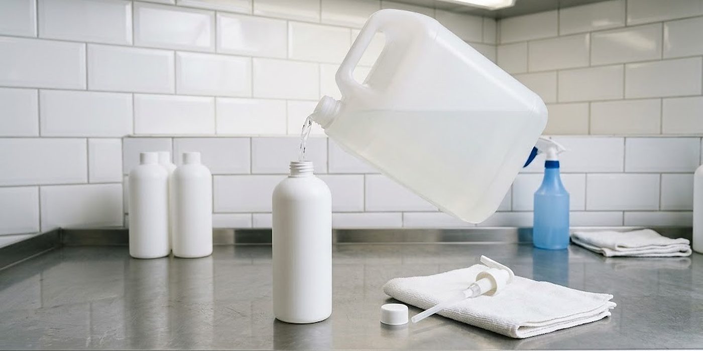 Pumpflasche wird aus einem großen Kanister nachgefüllt, daneben Pumpe und Tuch