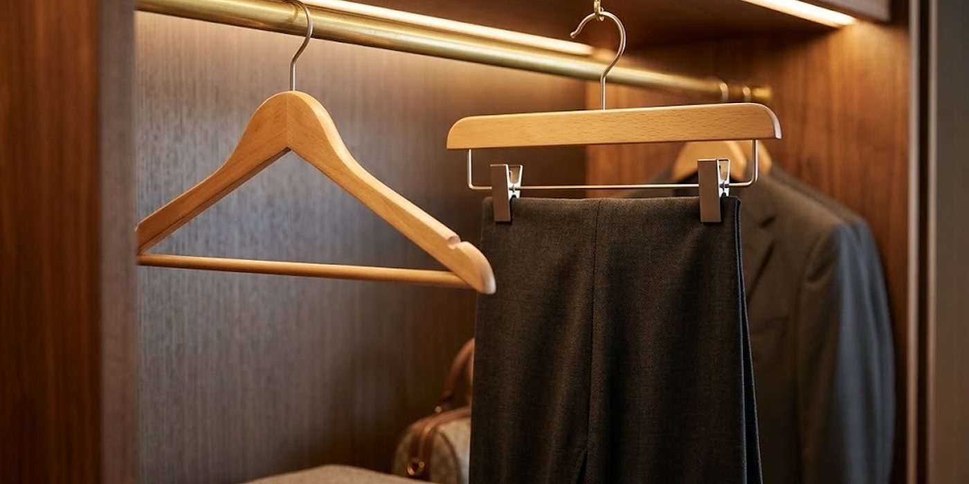 Percha de madera con barra de pinzas y pantalón oscuro junto a una percha con barra lisa en el armario de hotel