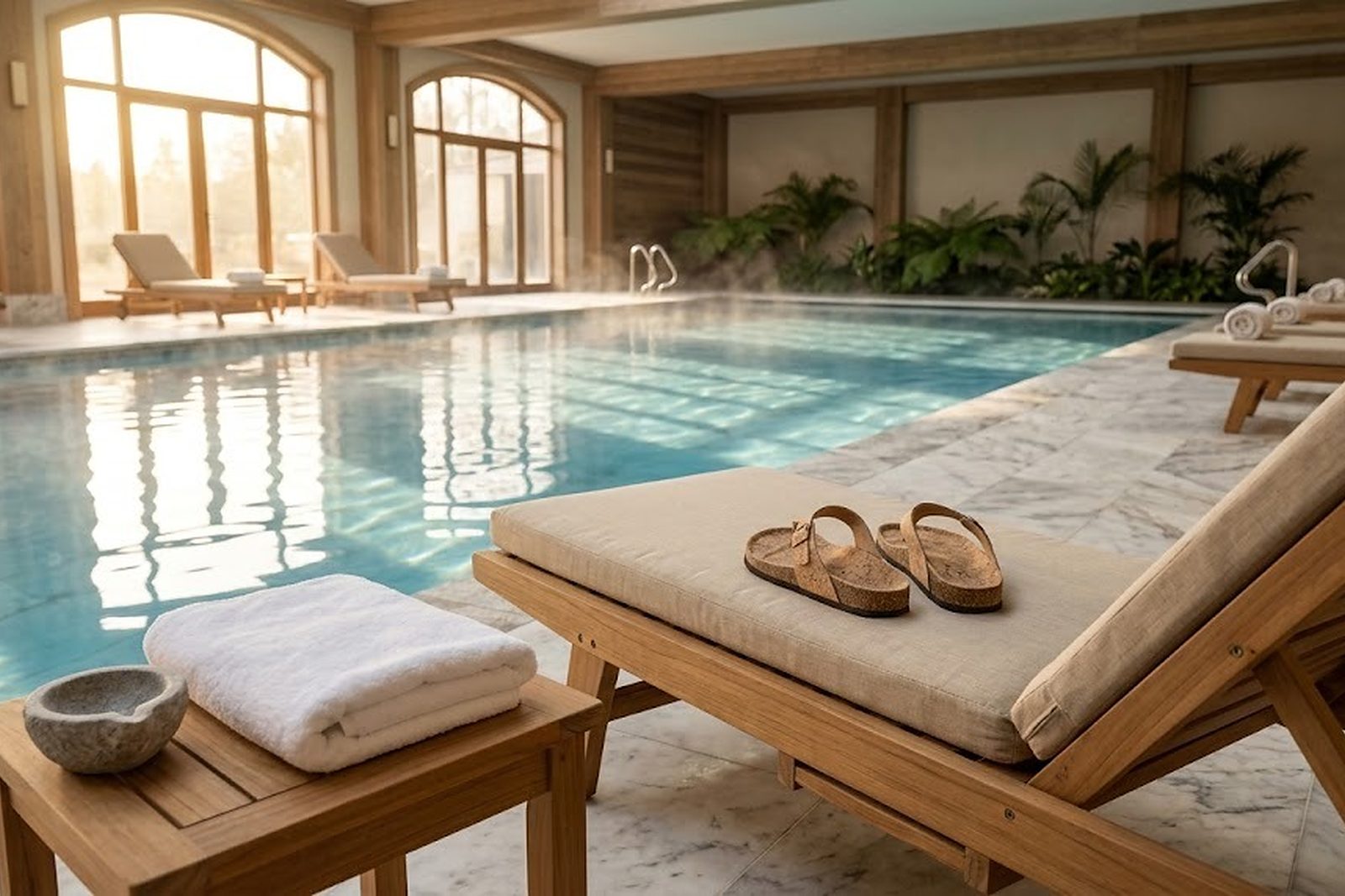 Chanclas de corcho sobre una tumbona de madera en un spa, detrás el agua de la piscina