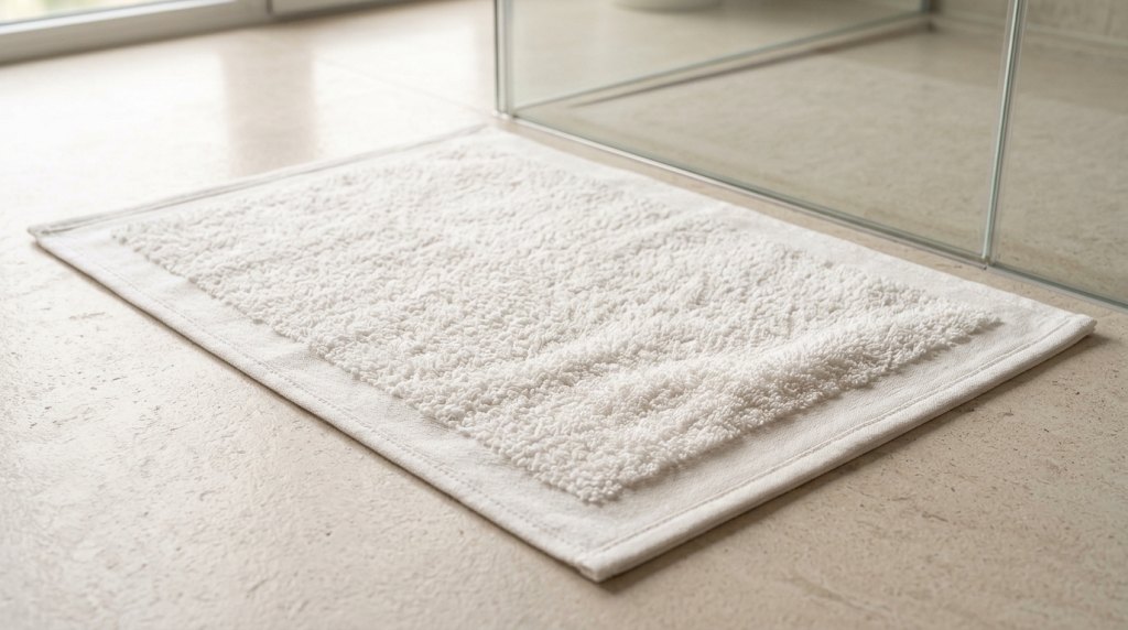 Alfombrín de baño blanco de rizo de algodón sobre suelo claro de piedra delante de una ducha a ras de suelo