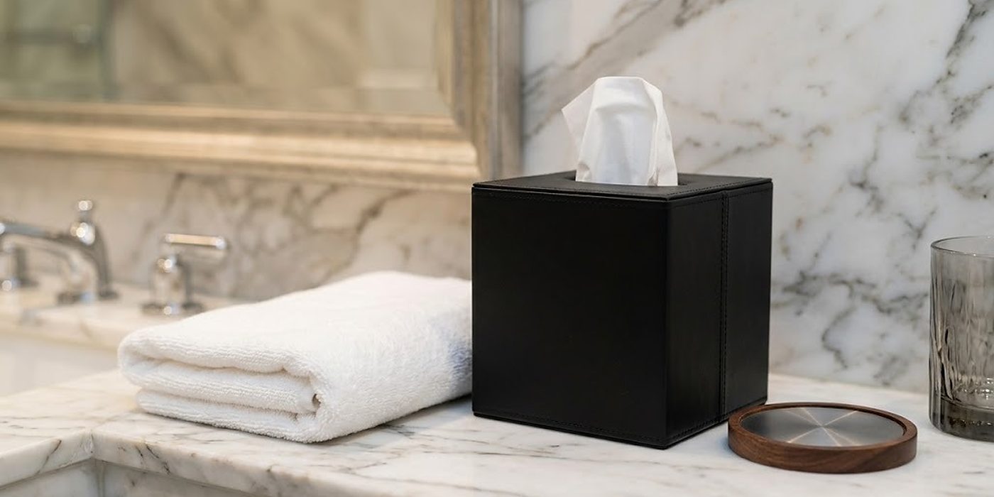 Caja de pañuelos y posavasos redondo de piel PU negra en la repisa de mármol de un baño de hotel junto a una toalla doblada