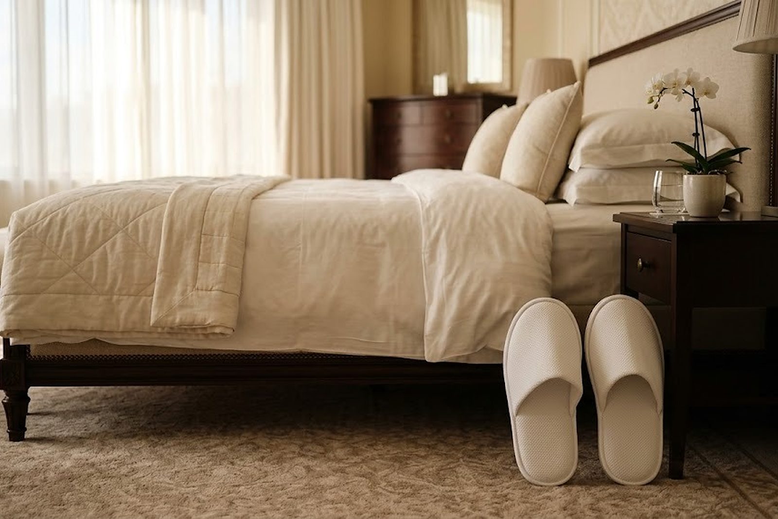 Zapatillas de hotel cerradas de fibra natural ante la cama de una suite de hotel con luz de mañana