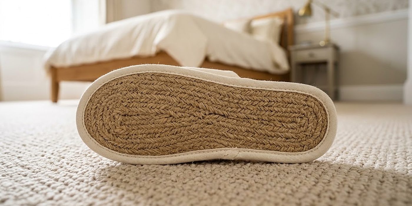 Zapatilla de hotel de yute con ribete de algodón sobre moqueta clara, la suela de yute vuelta hacia arriba