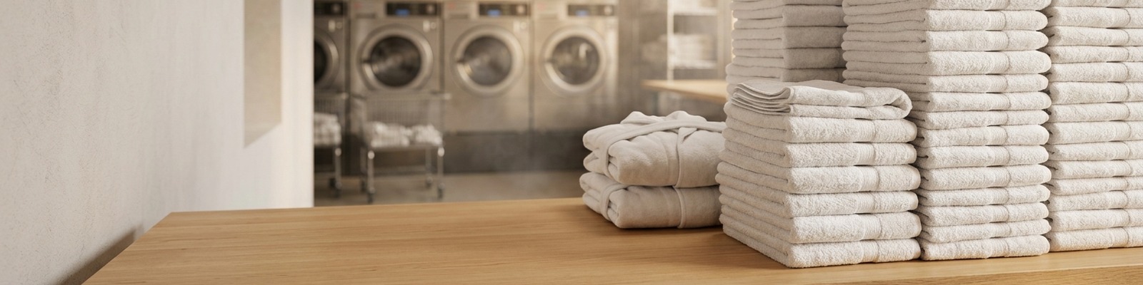 Laundry folding table with stacks of freshly washed hotel towels