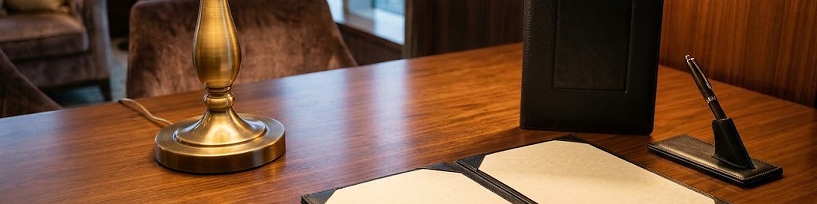 Carpeta de bienvenida abierta de piel PU negra con páginas color crema en blanco sobre un escritorio de hotel, al lado un portamenú