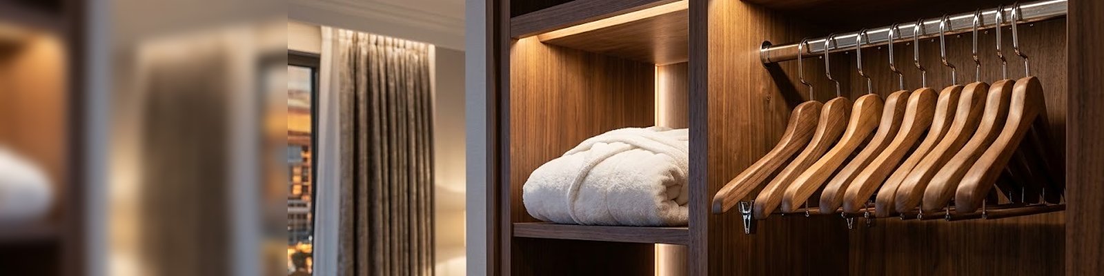 Open wardrobe of a hotel suite with wooden hangers and a folded bathrobe