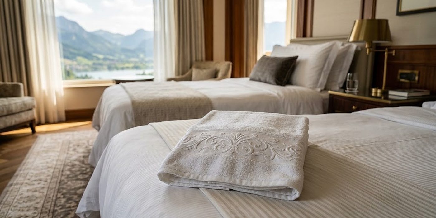 Gefaltetes weißes Hoteltuch mit gesticktem Ornament auf einem Bett in der Suite