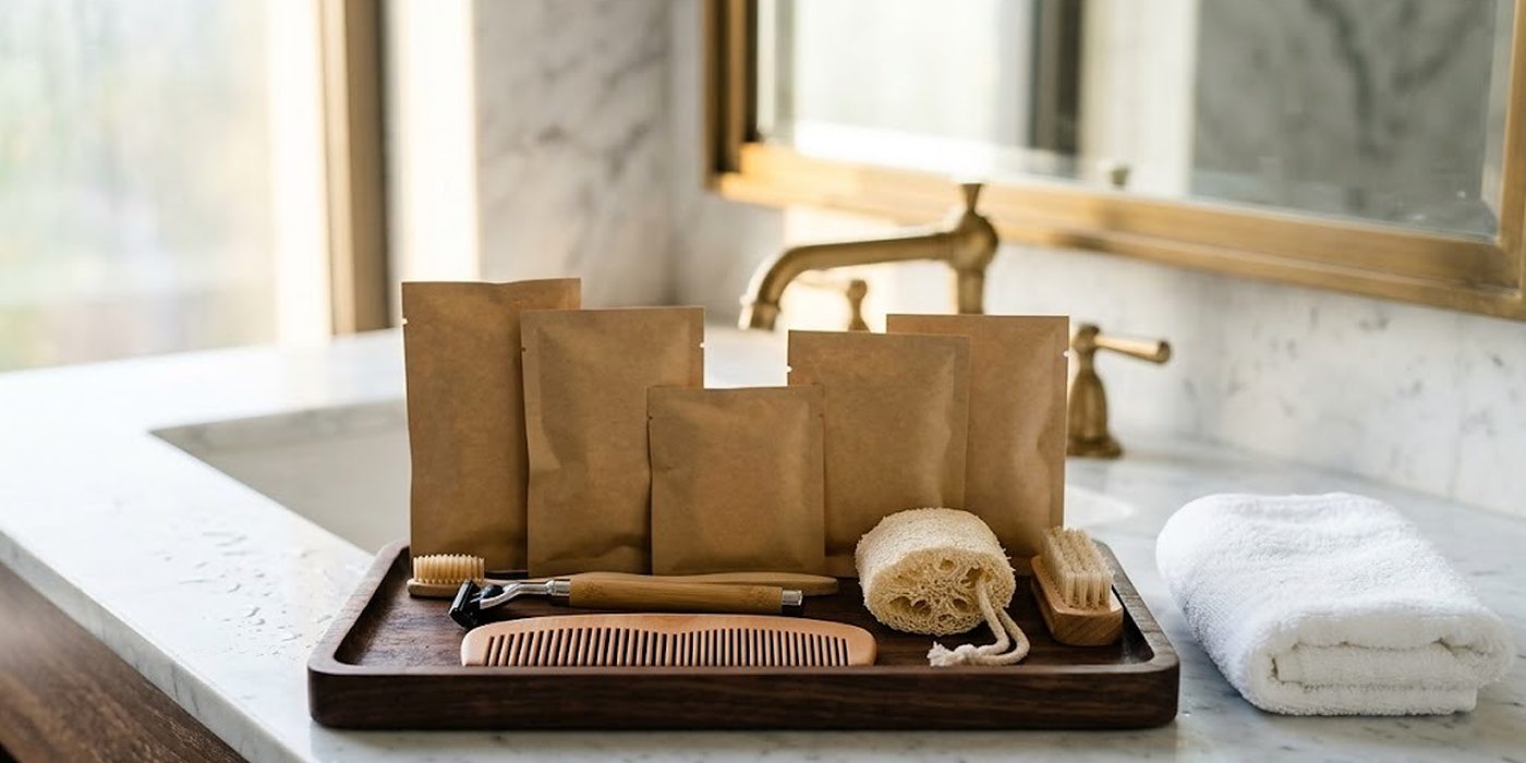 Plateau d'accueil en bois avec sachets papier, brosse à dents en bambou, rasoir, peigne en bois et loofah sur un lavabo en marbre