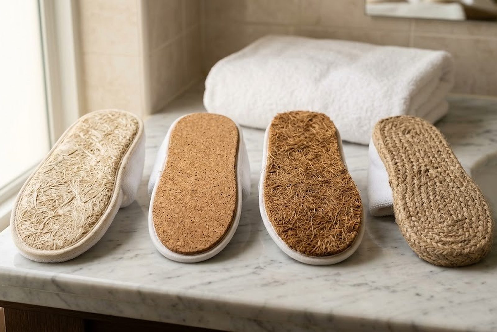 Cuatro zapatillas de hotel una junto a otra sobre mármol claro, las suelas de caña de azúcar, corcho, fibra de coco y yute vueltas hacia arriba