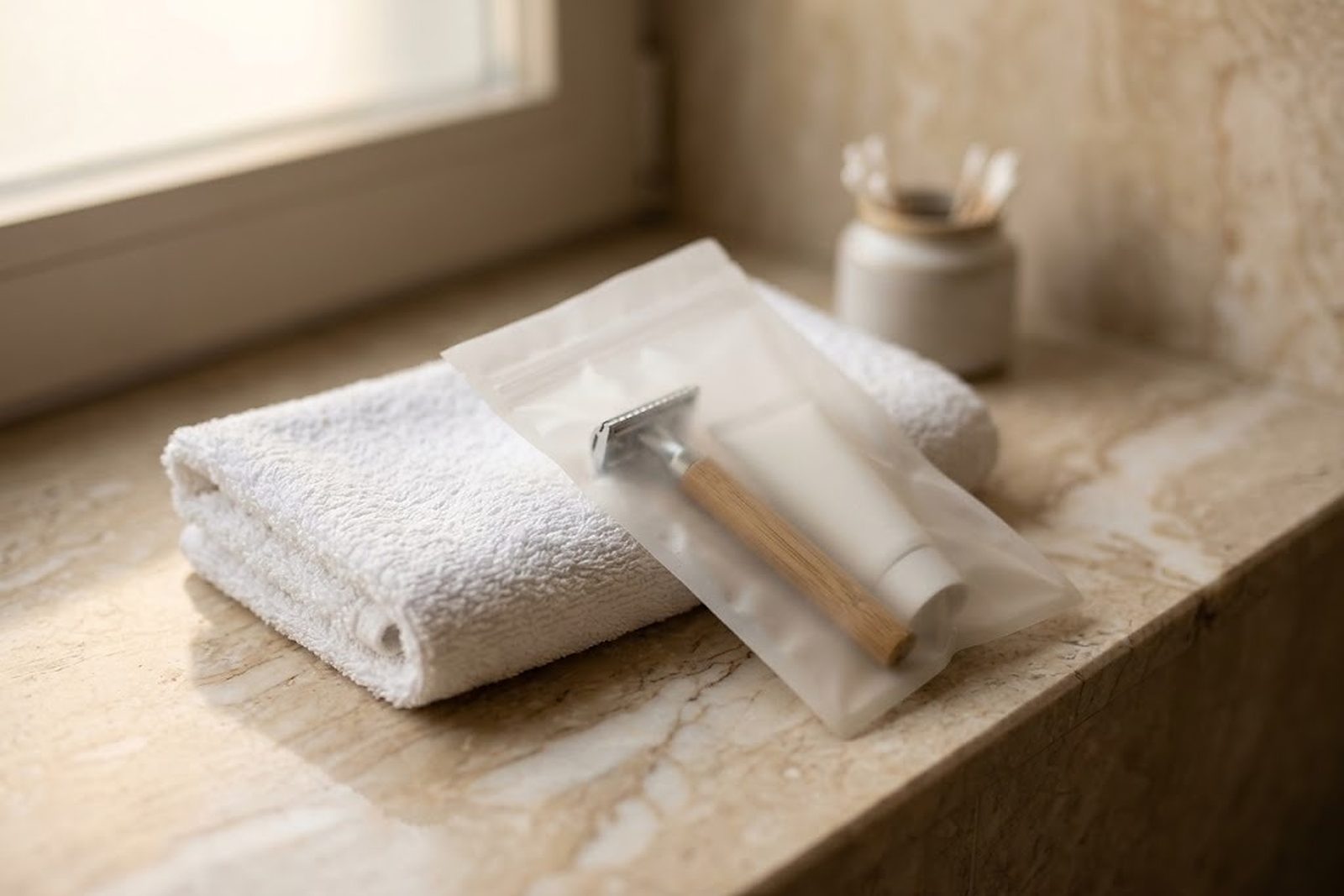 Set de afeitado en bolsa de PLA blanca translúcida sobre una toalla doblada, en la repisa de mármol de un baño de hotel