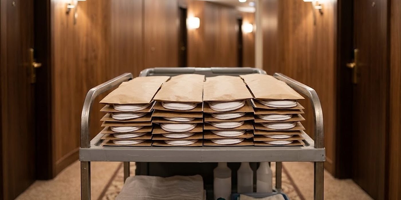 Bolsas de papel planas con zapatillas de hotel apiladas en el carro del departamento de pisos en el pasillo