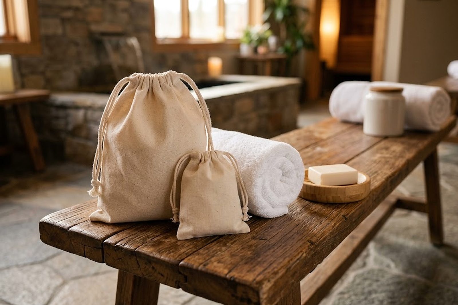 Wellnesstasche und Wäschebeutel aus Baumwolle auf der Holzbank eines Spa-Bereichs, Linie Green Gäste Accessoires