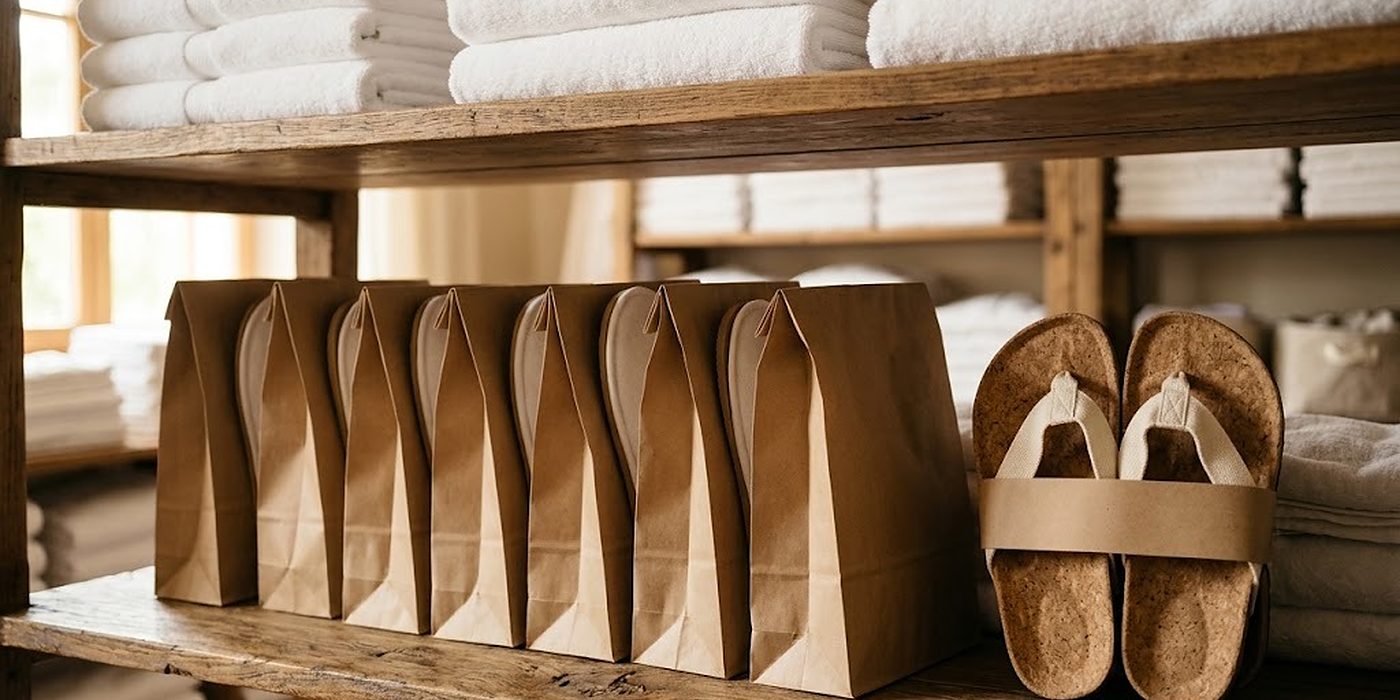 Chaussons d'hôtel en sacs papier et tongs en liège avec bandeau papier sur l'étagère d'une lingerie