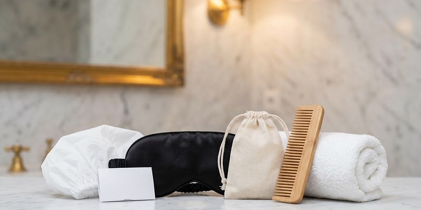 Shower cap, sewing kit, sleep mask, cotton bag and bamboo comb beside a rolled towel on marble