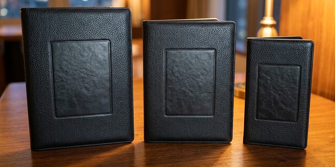 Carpeta de bienvenida, carpeta de escritura y portacuentas de piel PU negra en fila sobre una mesa de roble, cada una con zona grabada vacía