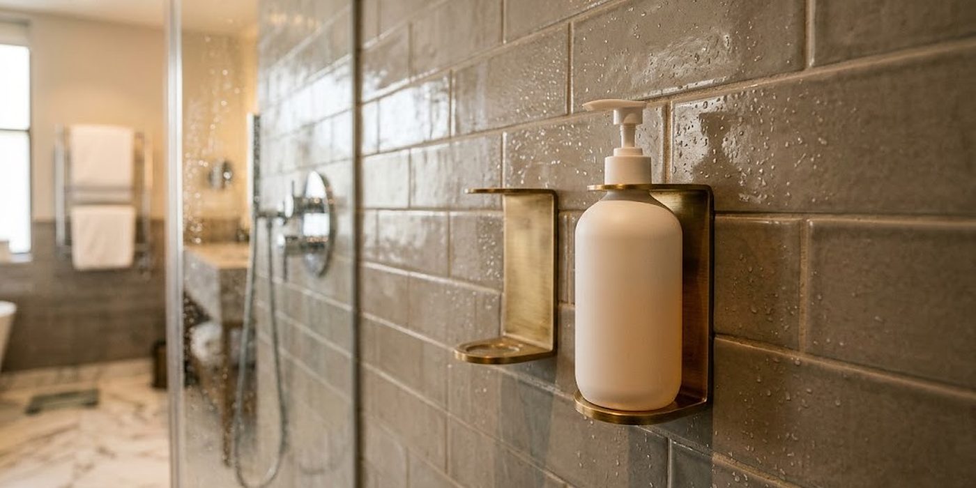 Pumpflasche in einer Wandhalterung an der Duschwand eines Hotelbads