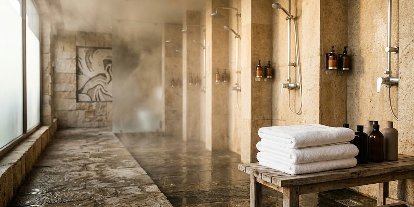 Spa-Bereich mit Duschen und Wandspendern neben Handtuchstapeln