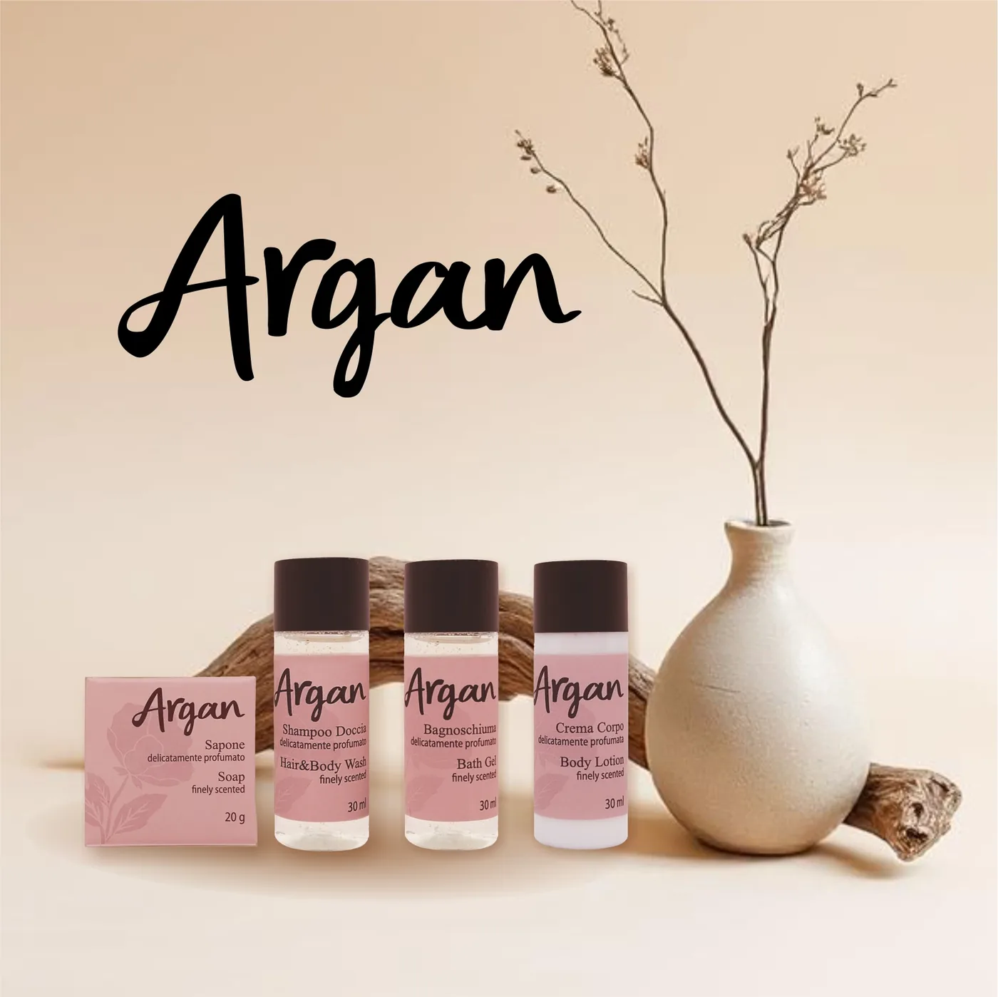 Argan Einzelportionen: Seife 20 g, Shampoo Doccia, Bagnoschiuma und Body Lotion je 30 ml