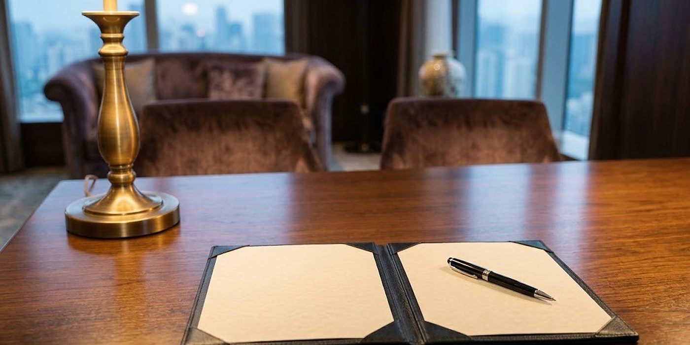 Carpeta de escritura abierta de piel PU negra con papel color crema en blanco y bolígrafo, detrás una lámpara de latón desenfocada