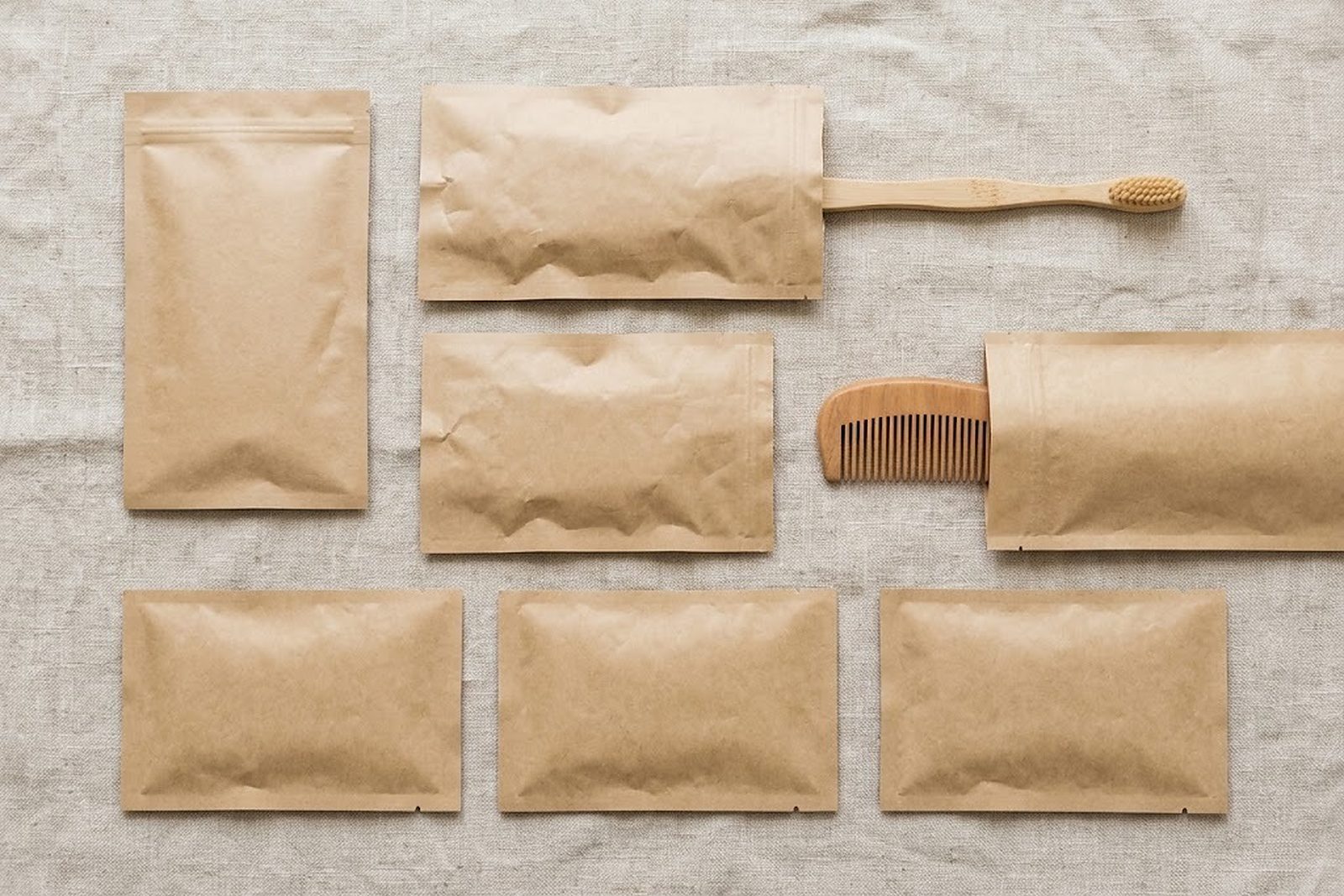 Seis sobres de papel planos sobre lino beige, uno abierto con un cepillo de dientes de bambú, otro con un peine de madera