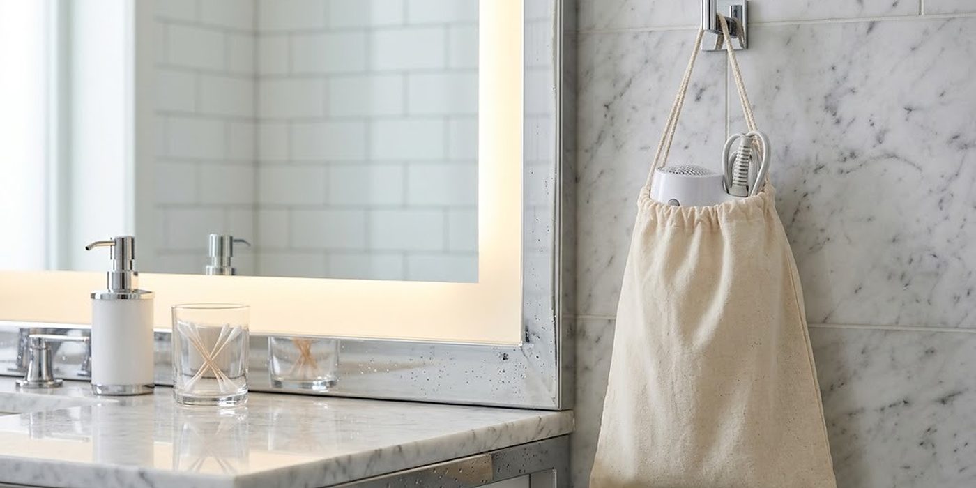 Pequeña bolsa de algodón con cordón que sujeta un secador blanco en el gancho junto al espejo de un baño de hotel