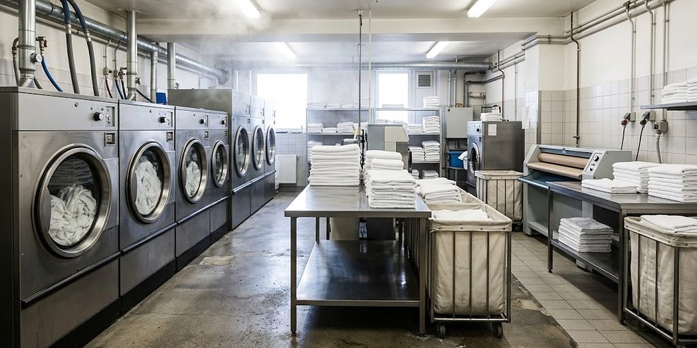 Industrielle Waschstraße einer Hotelwäscherei mit sortierten weißen Frottierstapeln