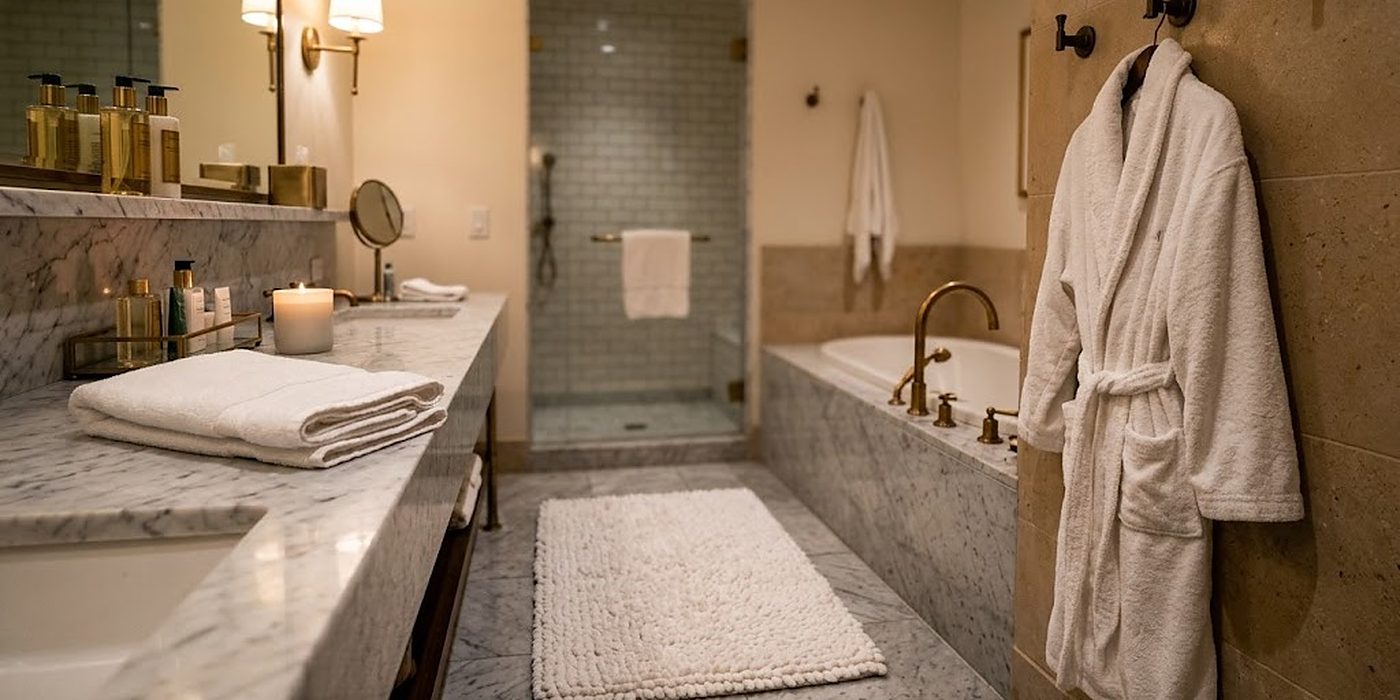 Handtuch, Badevorleger und Bademantel aus weißem Frottier nebeneinander im Hotelbad