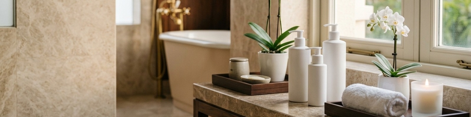 Three pump dispensers for hotel cosmetics on a bathroom shelf