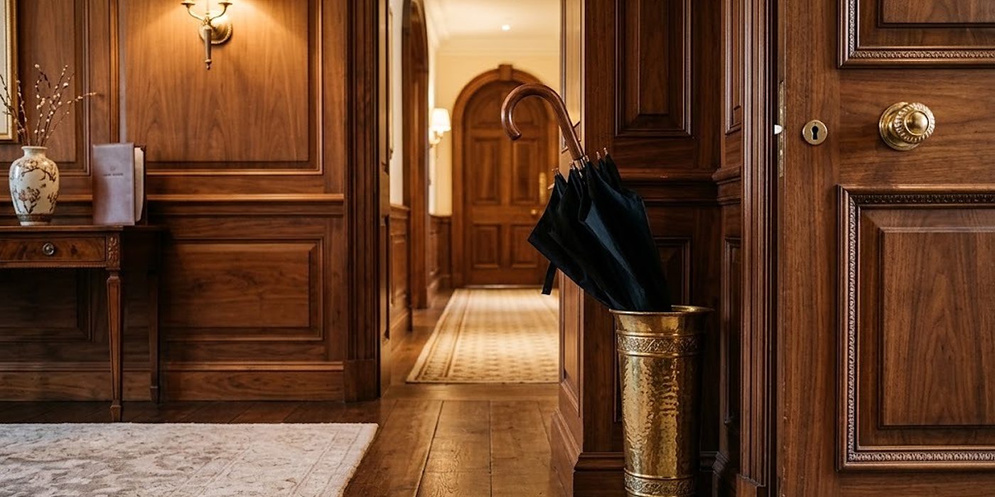 Schwarzer Regenschirm mit geschwungenem Holzgriff in einem Messingständer am Eingang eines Hotelzimmers