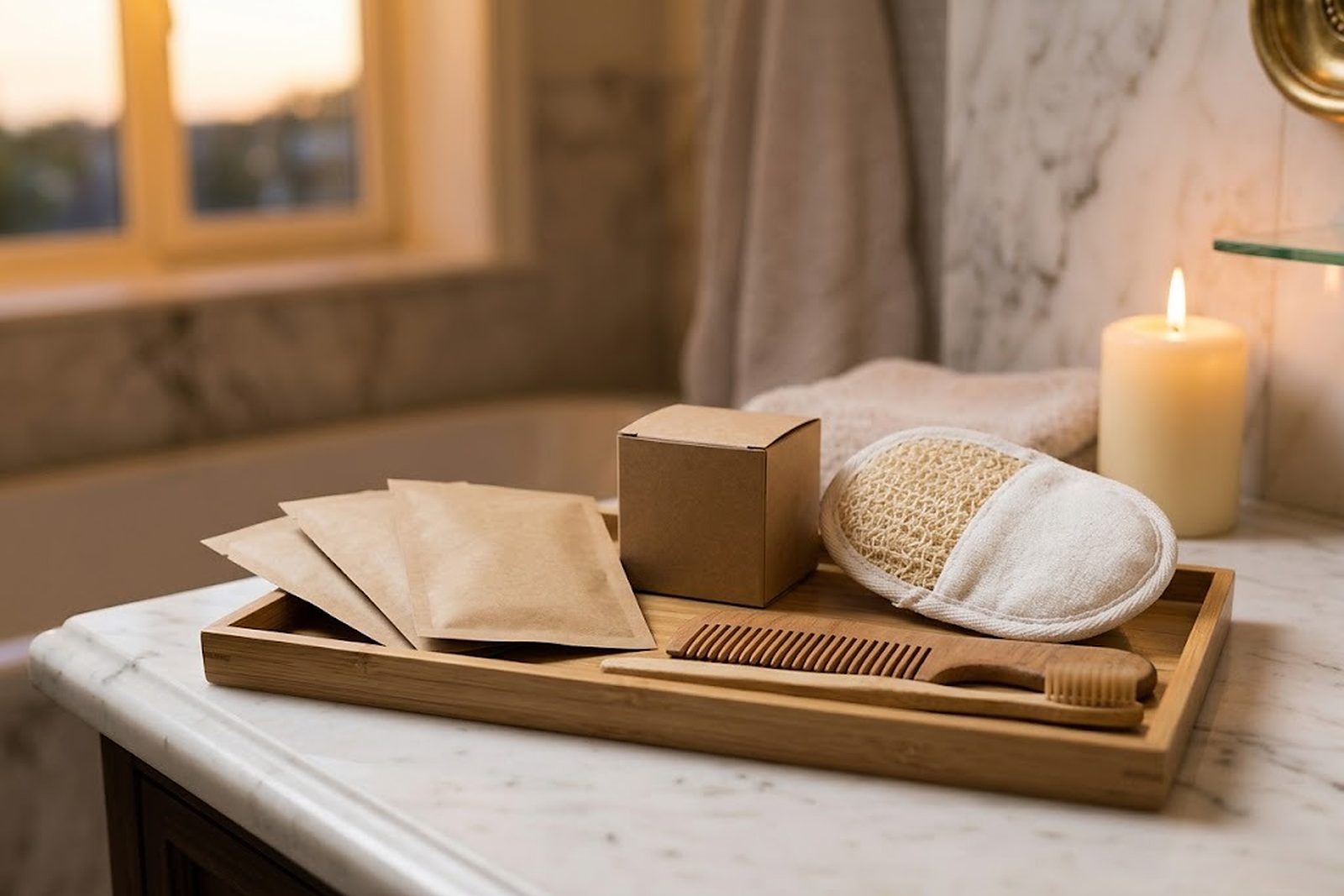 Bandeja de amenities de bambú con sobres de papel, una pequeña caja de cartón, esponja de lufa y peine de madera sobre el mármol de un baño de hotel con luz de tarde