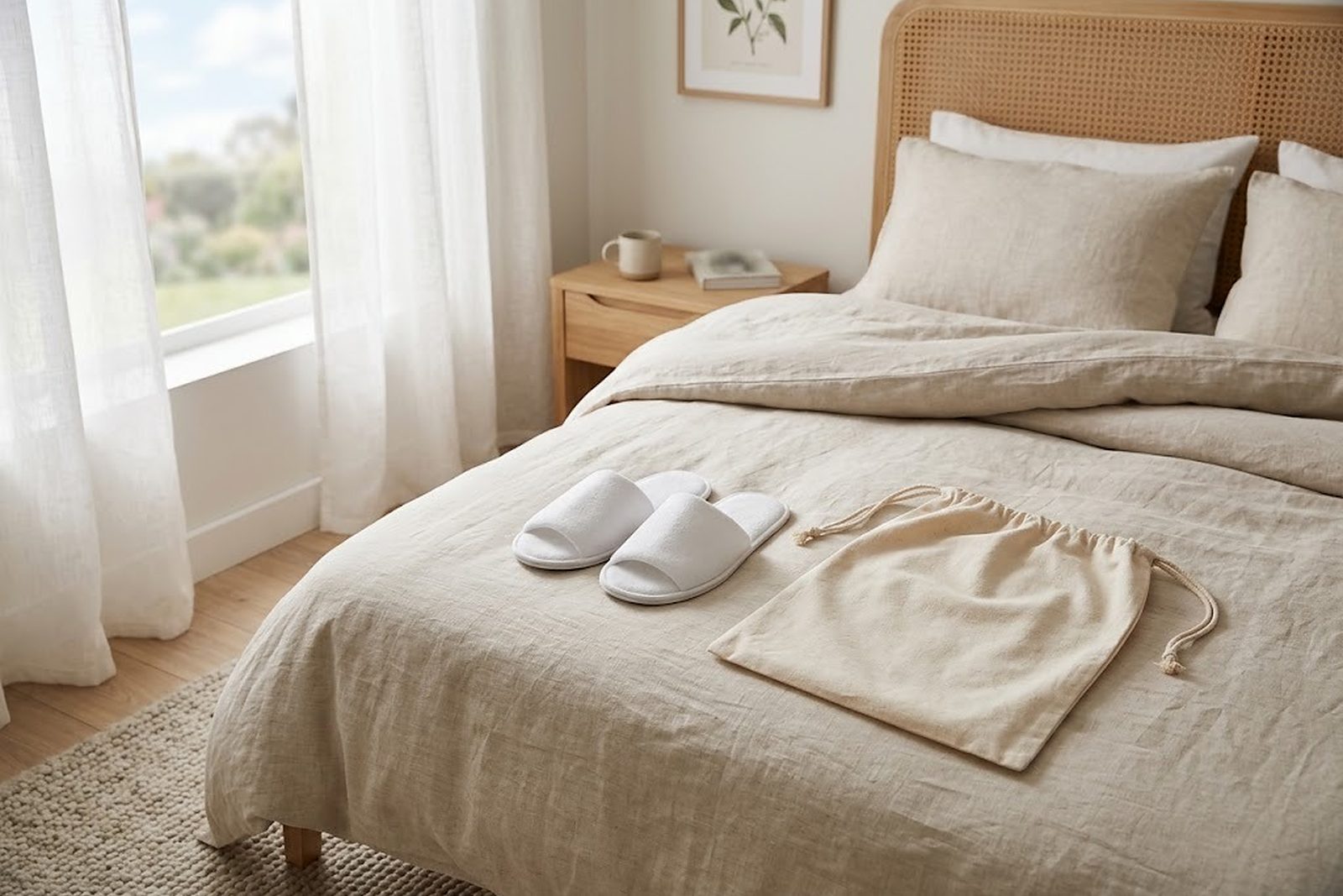 Bolsa de algodón con cordón sobre la colcha de lino de una cama de hotel junto a zapatillas blancas
