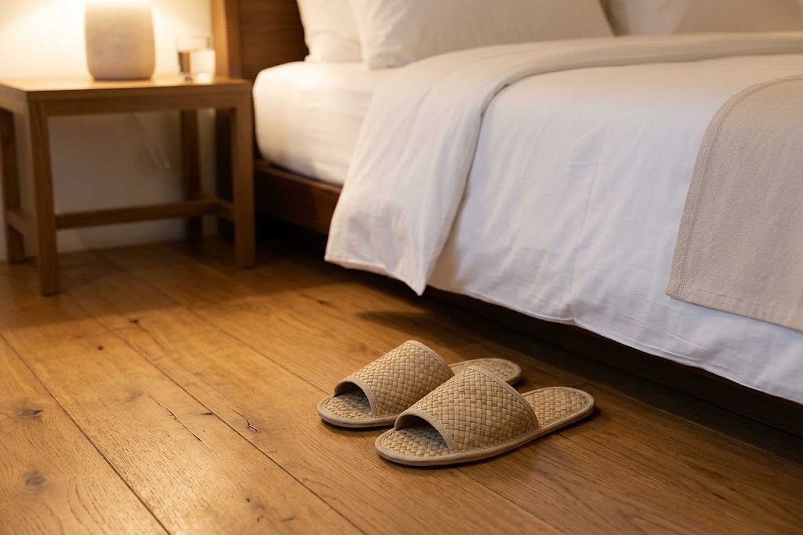 Offene Hotelslipper aus Palmblattfaser in Naturfarbe neben dem Hotelbett, Linie Green Hotel Slipper