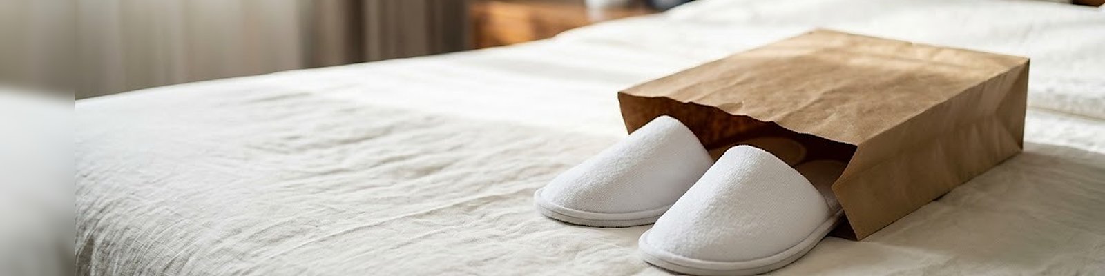 Weiße Hotelslipper halb aus einem Papierbeutel gezogen auf der Leinendecke eines Hotelbetts