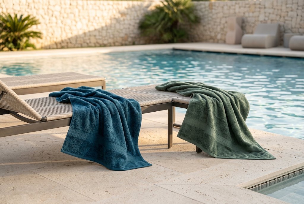 Dos hamacas junto a la piscina de un hotel con toallas de rizo extendidas, una azul petróleo y otra verde salvia oscuro