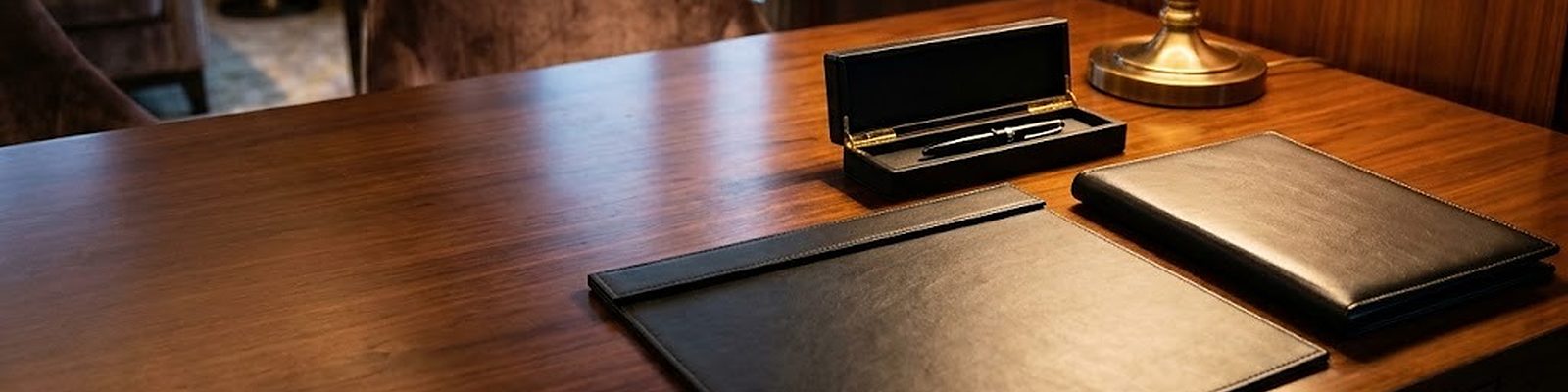 Escritorio de una suite de hotel con vade, caja de bolígrafos y carpeta de bienvenida de piel PU negra bajo luz cálida