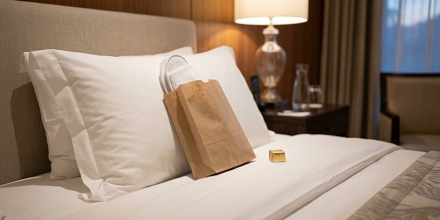 Una bolsa de papel con zapatilla de hotel sobre la almohada blanca de una cama de hotel preparada para la noche