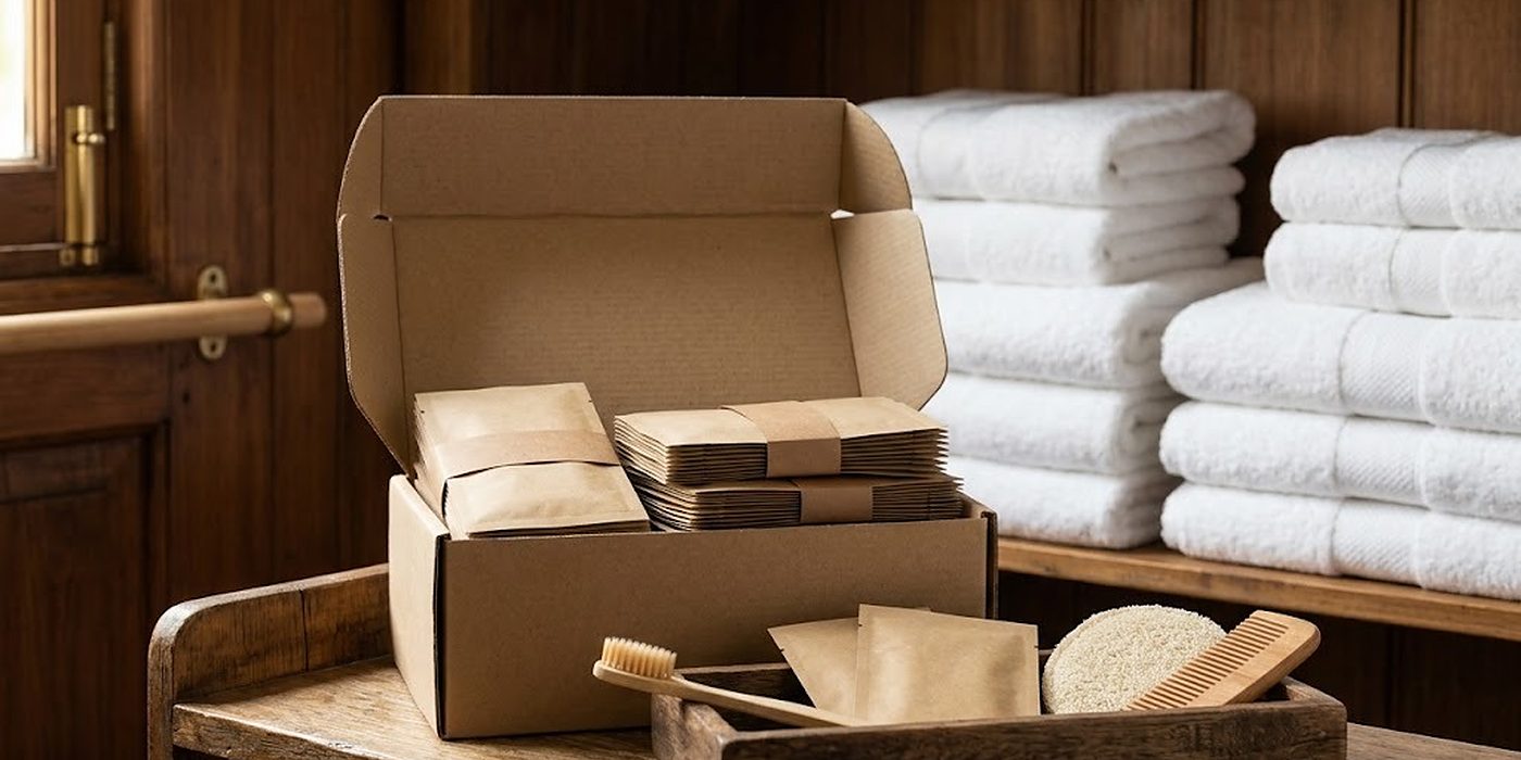Carton ouvert avec sachets papier en liasses et un plateau en cours de réassort dans la lingerie d'un hôtel