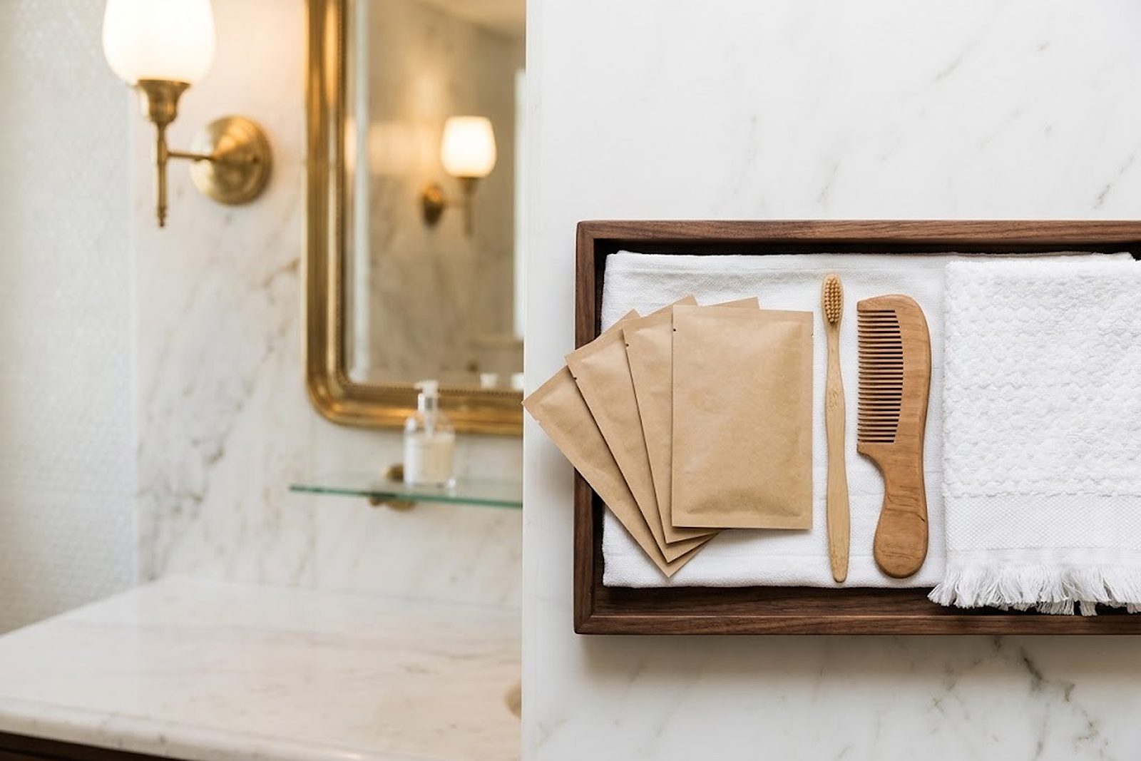 Bandeja de amenities con sobres de papel, peine de madera y cepillo de dientes de bambú sobre el lavabo de mármol de una suite