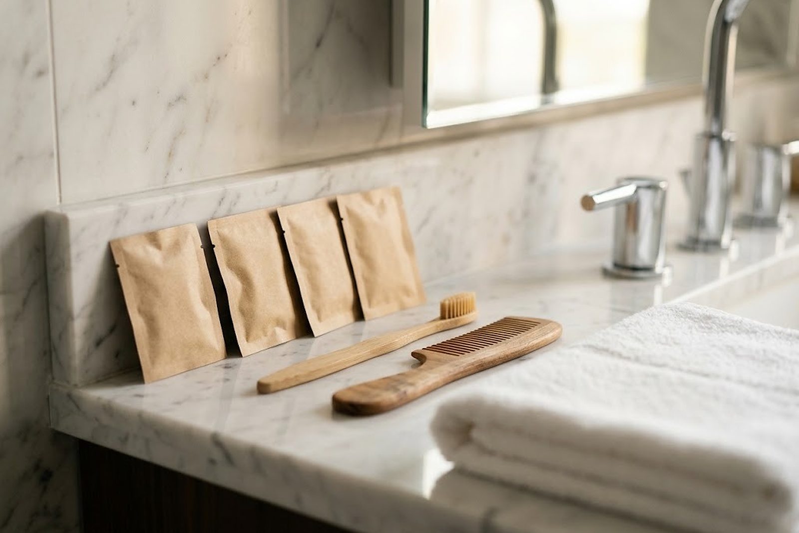 Papiersachets, Bambuszahnbürste und Holzkamm auf der Marmorablage eines Hotelbads, Linie Green Elegant