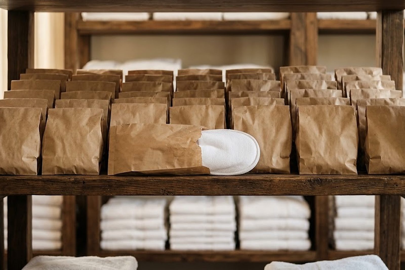 Zapatillas de hotel en bolsas de papel, apiladas en la estantería de la lencería de un hotel