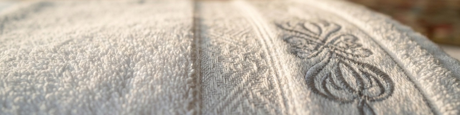 Border detail: woven jacquard band and embroidered ornament