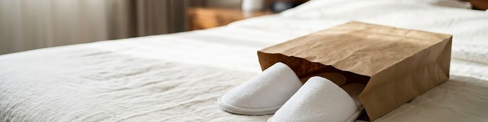 Zapatillas de hotel blancas medio sacadas de una bolsa de papel sobre la colcha de lino de un hotel