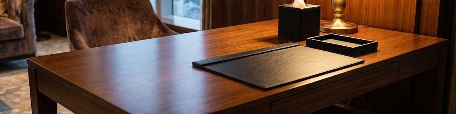 Vista sobre el escritorio de una suite de hotel: vade, caja de pañuelos, bandeja y papelera de piel PU negra