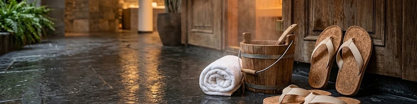 Zapatillas y chanclas de corcho sobre suelo de piedra mojado ante la puerta de la sauna de un spa de hotel