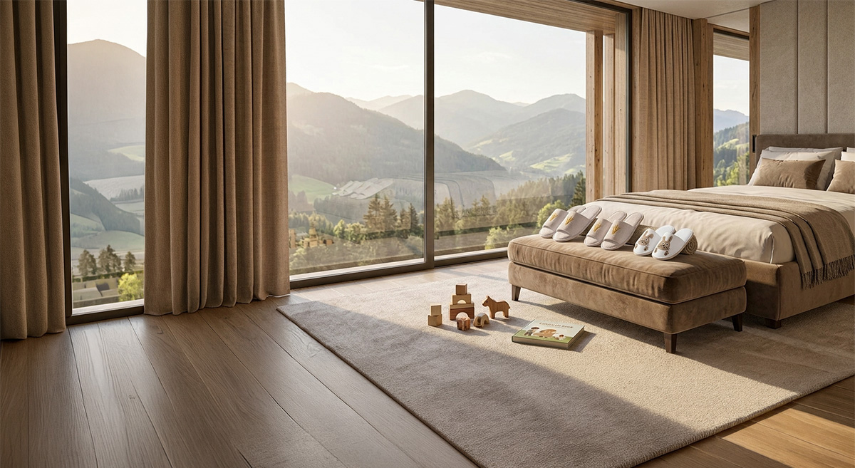 Three pairs of white hotel slippers in three sizes on the bed bench of a hotel suite with a mountain view
