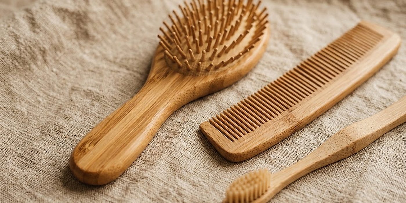Primer plano de la veta del bambú: cepillo, peine con mango y cepillo de dientes sobre lino beige