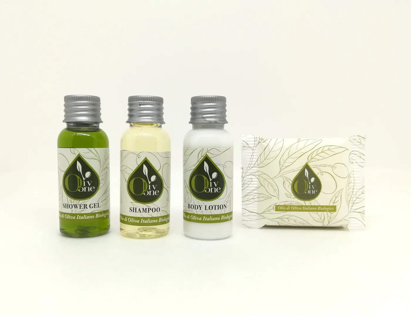 Oliv One Einzelportionen: Shower Gel, Shampoo, Body Lotion und Seifenstück