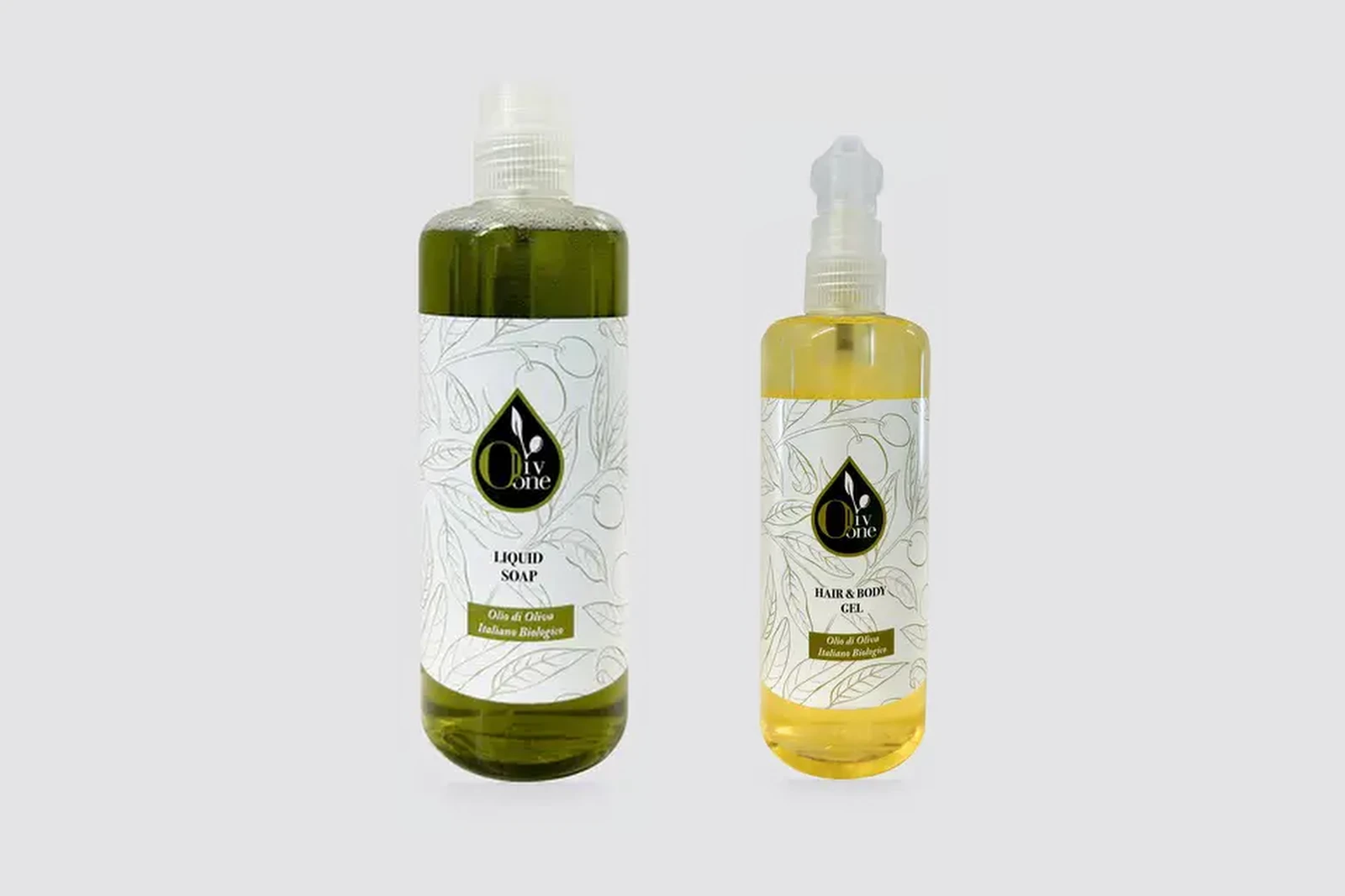 Oliv One Hotelkosmetik: zwei Spender 300 ml nebeneinander, Fluessigseife und Haar- und Duschgel