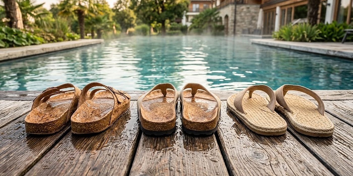 Tres pares de sandalias de spa sobre teca mojada junto a la piscina: todo corcho, plantilla de corcho sobre EVA, plantilla de paja